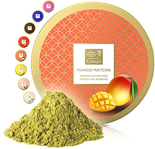 Tea Uniqo - Mango Matcha Pulver – Ideal für Eis, Latte, Shakes, zum Backen, Kochen oder pur Trinken – Grüntee Pulver mit Mango Geschmack, 100% natürlich in wiederverschließbarer Dose