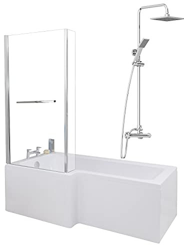1700 x 855mm Left Hand L Shaped Shower Bath Bathroom Bathtub Glass Shower Screen with Rail Front Panel & Thermostatic Mixer Shower Set Handheld Chrome Square Rainfall Head