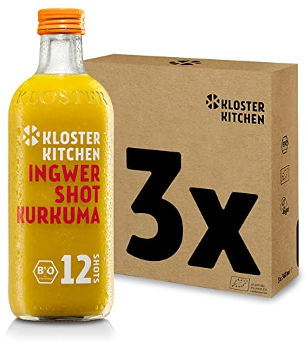 Kloster Kitchen Bio Ingwer Shot Kurkuma 12SHOTS 3x 360 ml mit echten Ingwerstückchen, Ingwer Shots mit Kurkuma in Glasflasche, vegan ohne Zusatzstoffe & mit natürlicher Süße (inkl. 0,75€ EINWEG Pfand)