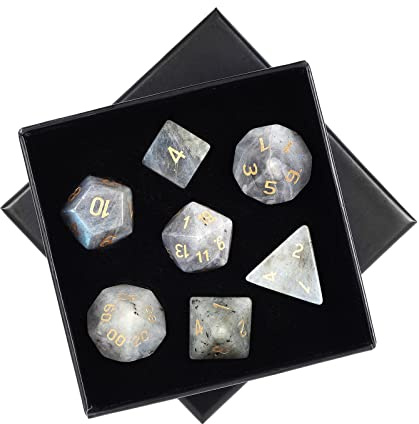 mookaitedecor 7 Stück Labradorit Edelstein Polyedrische Würfel Set, Polierte Heilstein DND Würfel für Dungeons und Dragons RPG MTG Tischspiele Rollenspiel Heim Dekoration
