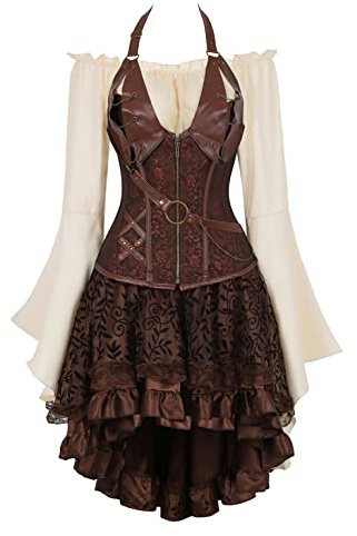 Grebrafan Corset Cuero Falda Fiesta y Blusa Pirata Steampunk Conjunto de Corsés y Bustiers (EUR(42-44) 3XL, Marrón)
