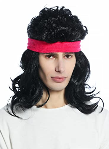 WIG ME UP - CW-028A-P103 perruque bandeau carnaval années 80 mulet star action beauf noir