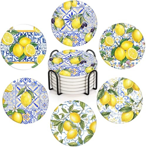 Bribay Untersetzer für Getränke, 6 Stück, gelbe Zitrone, Obst, Blau, Keramik-Muster, saugfähig, rund, Keramik-Steinmatte, mit Korkboden und Metallhalter, Geschenk für Einweihungszimmer, Bar, Dekor
