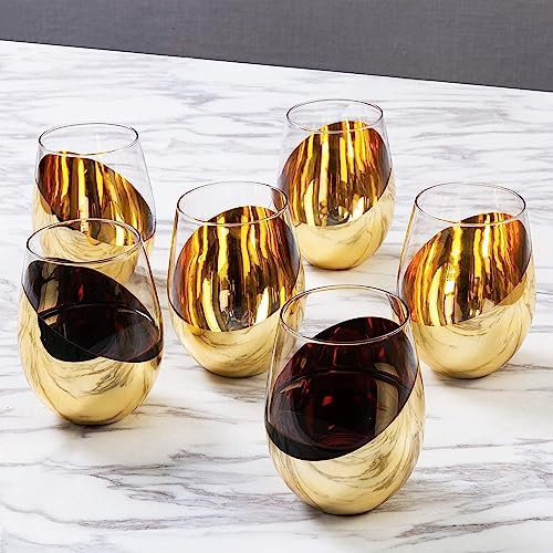 Lot de 6 verres à vin modernes sans pied avec fond métallique en cuivre - Design coudé (doré)
