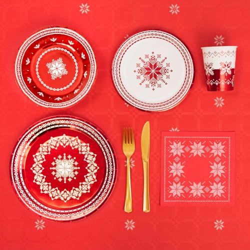 Horeca Collection Maxi Products - Kit 12 Personas - Decoración Navidad Bordado Rojo - Pack 83 uds - Temática Navideña - Vajillas Completas Navidad - Diseño Único