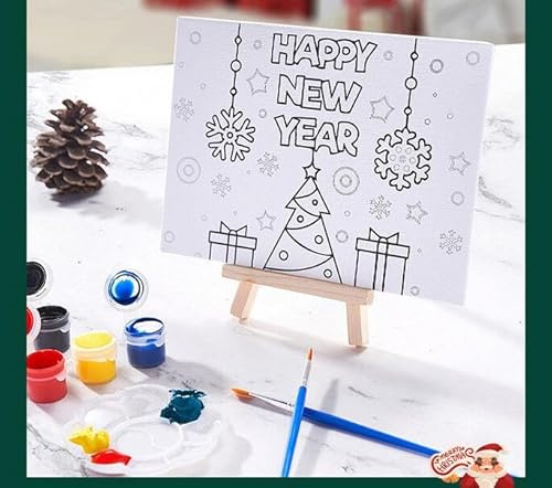 HOTOOLME 24 Stück Leinwand zum bemalen Set mit Acrylfarben Set mit 6 leinwände für acrylfarben Weihnachts motive Leinwand set mit Holz staffelei Pinsel Palette für Jungen und Mädchen