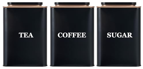 Bayseun Tea Coffee Sugar Canisters, Set of 3 Tea Coffee and Sugar Canisters for Home, Easy Open & Airtight Lids, Decorative Food Caddy, Kitchen Storage Jars, Decorative Stainless Tins, Black
