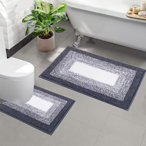 Enyhom Bathroom Mat Sets 2 Piece Soft Water Absorbent Bath Mats and Toilet Mat Sets Non Slip Machine Washable Bath and Pedestal Mat, Dark Grey