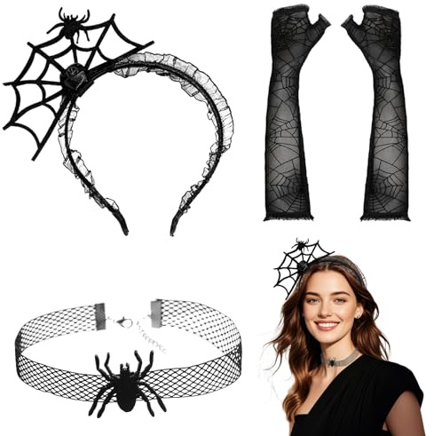 RCYHCY 3 Stück Spinne Kostüm Damen, Spinne Haarreifen, Karneval Spinne Haarreif, Spinnen Netz Haarreifen, Spinnen Halsband, Spinnennetz Handschuhe, Für Karneval und Abschlussball Party usw