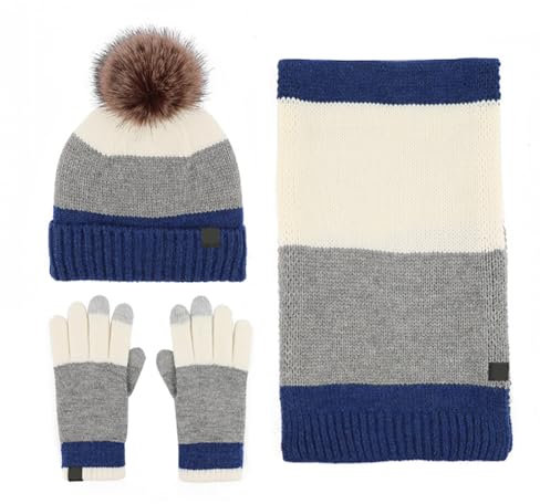 Katutude Strickmütze Schal und Handschuhe für Damen 3 teilig weiche und warme Strickmütze Bommelmütze mit Fleecefutter langer Schal Schirmhandschuhe Winter für den Alltag im Freien