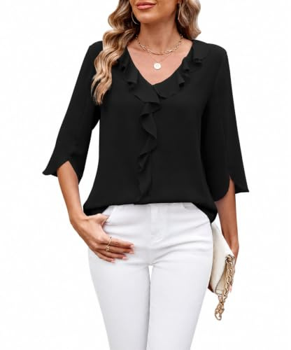 ROFUSSO Camicetta Elegante da Donna Top Business a Maniche Lunghe 3/4 con Scollo a V con Volant Estiva Casual