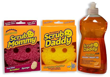 Scrub Daddy y Scrub Mommy Wonder Wash-Up Combo, Esponja lavavajillas en paquete doble con líquido lavavajillas 500 ml, Esponjas de cocina multipack para limpieza, Estropajo para lavavajillas