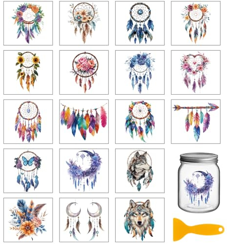 GLOBLELAND 18 Blatt Traumfänger Transferfolien Zum Basteln Bunte Federn Wasserfest UV DTF Becherfolien Wolf Und Blumen Aufkleber Für Wasserglas Flaschen Vasen Porzellan