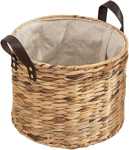 Cesta De Almacenamiento De Jacinto De Agua Cesta Tejida Grande con Asa Cesta De Lavandería De Algodón Y Lino Cesta De Almacenamiento De Dormitorio para Guardar Ropa Y Juguetes, Light Brown, 38 * 34cm