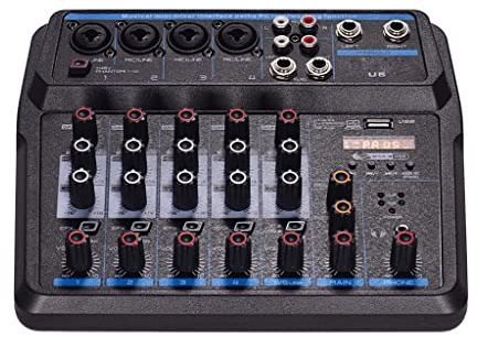 U6 Mini table de mixage musicale 6 canaux BT USB Console de mixage avec carte son intégrée 48 V Phantom