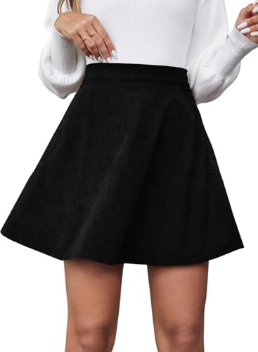SOLY HUX Damen Cordrock Elegant A-Linie Minirock Einfarbig Vintage Retro Cord Rock Casualrock Freizeitrock mit Reißverschluss Herbst Outfit Schwarz M