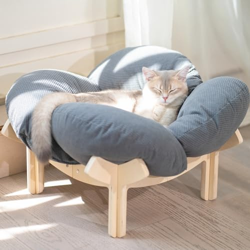 CheerPals Cuccia per Gatti a Forma di Petalo, Lettino per Gatti Design con Struttura in Betulla Robusta (2,6 KG), Cuscino Morbido per Interni e Decorazione della Casa, 55x55x32 cm