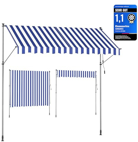 SONGMICS Store Banne Rétractable, Réglable en Hauteur, 300 x 180 cm | Store Manuel, avec Manivelle, pour Balcon, Jardin, Terrasse, Bleu et Blanc, Collection SHELD GSA302QZ01