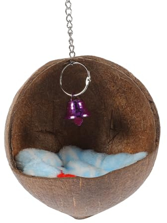 PENIKOKO Delicate Parrot Nest Hanging Bird Bed with Bell Cushion Safe Hideaway Coconut Shell 14X13X13Cm for Windowsill Tree Parrot Bird Pet Supplies