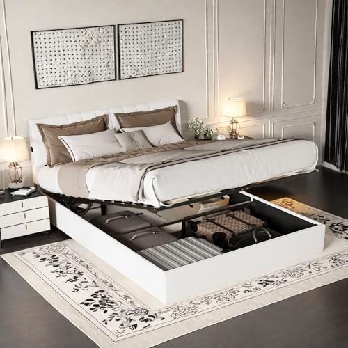 HNOUER Polsterbett Boxspringbett 140x200 cm mit USB Aufladen,Doppelbett mit Bettkasten, Bettgestell mit Lattenrost und Stauraum,Hydraulisches Bett,Jugendbett,Teddystoff,Ohne Matratze