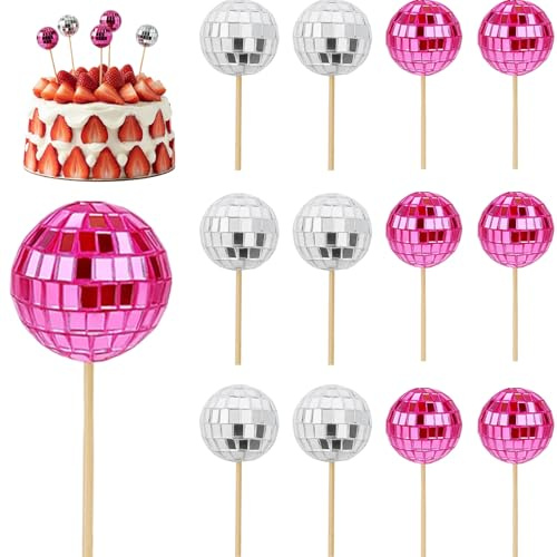 12 Pcs Mini Disco Balls, Disco Ball Cake Decorations, Disco Ball Cake Topper, Mini Disco Balls For Cake, Pink And Silver, Bamboo Sticks, Perfect For Party Decorations And Gift Giving