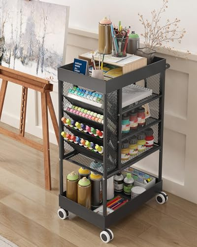 Ornestia 5 Ebenen Metall Rollwagen, Bücherregalwagen, Bastelwagen, Schwarz | Multifunktionales Regal, mobiler Zeitungsständer