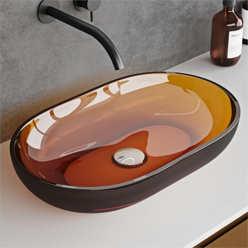 doporro Lavabo da Appoggio Ovale Profondo 54x34x10,5 cm, Lavamani per Bagno | Lavandino per Bagno in Resina Trasparente, Colore Arancione, Vasca Profonda, Installazione da Tavolo, Montaggio su Piano