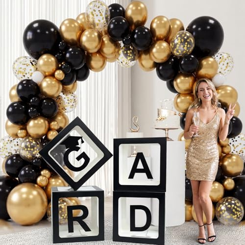 Graduation Decorations 2026, Black Boxes with So Proud of You GRAD 2026 Letters, 105PCS Latex Black Gold Balloons Set for School Graduation Party Decor