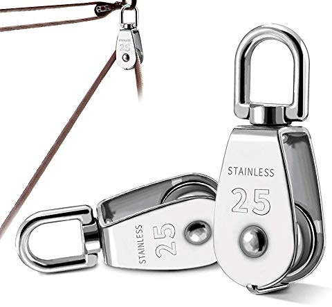 2 Pack M25 Single Pulley Block, 304 Stainless Steel Pulley Roller 360 Degrees Swivel Pulley for Washing line Ropes - Safe Loading up to 150KG