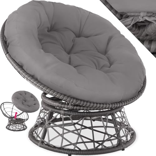 tectake® snurrbar polyrattanfåtölj, rund dyna, belastning upp till 120 kg | papasanfåtölj i rottinglook, väderbeständig, UV-beständig, justerbara plastfötter, 92 x 80 x 80,5 cm, grå