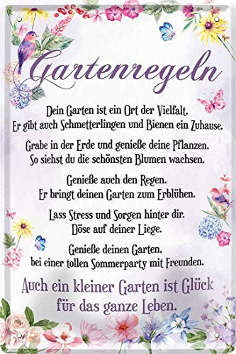 WOGEKA ART Retro Blechschild - Gartenregeln Garten Blumen Glück - witziger Spruch als Geschenk-Idee zum Geburtstag Weihnachten zur Dekoration 20x30 cm Vintage-Design Metall 2257