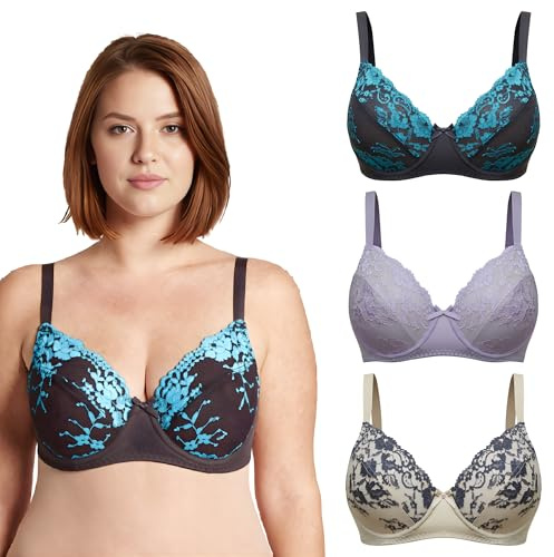 Curve Muse - Reggiseno in Pizzo con Ferretto Semitrasparente Sfoderato a Balconcino in Confezione da 3-Lavanda,Grigio,Avorio-7C