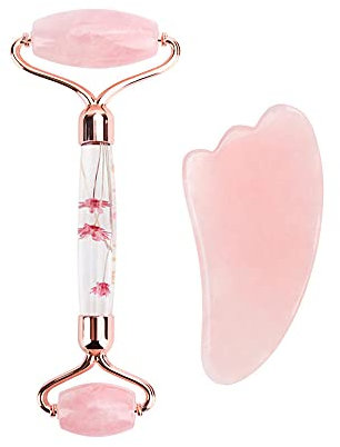 LadyCent Rosenquarz Jade Roller Flower Pole Roller Facelifting Massagegerät Gesichts Manuelle Massage Roller Herzförmiges Guasha Set