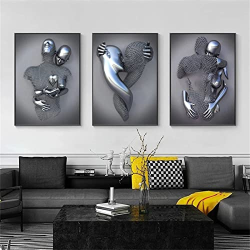 SWECOMZE 3er Kunst Modern Poster Set - 3D Metallfigur Statue Kunst Liebe Herz Kuss Bilder Wandkunst Deko - Ohne Rahmen - Wanddeko Wand Wohnzimmer Wanddekoration Deko (A,30X40cm)