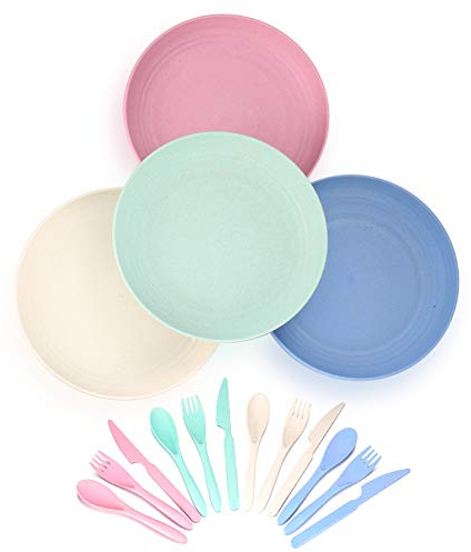 Ewwtrey Set di Piatti per Cena Infrangibili, Piatti Riutilizzabili per Bambini Leggeri per Bambini, Adulti, Senza BPA, Ecologici, Lavastoviglie, con Forchetta, Coltello, Cucchiaio