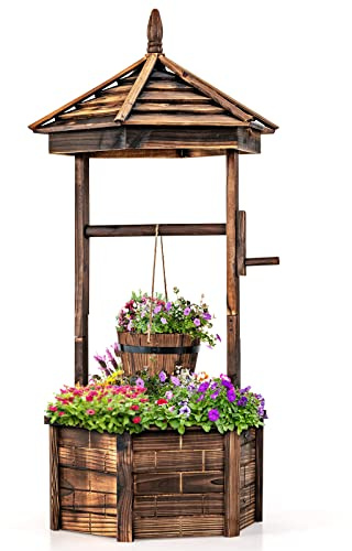 Giantex Rustic Wooden Wishing Well Planter with Hanging Bucket, Roof Shadow, Reinforced Rod, Wishing Wells for Outdoors Backyard Patio Garden Outside Decor