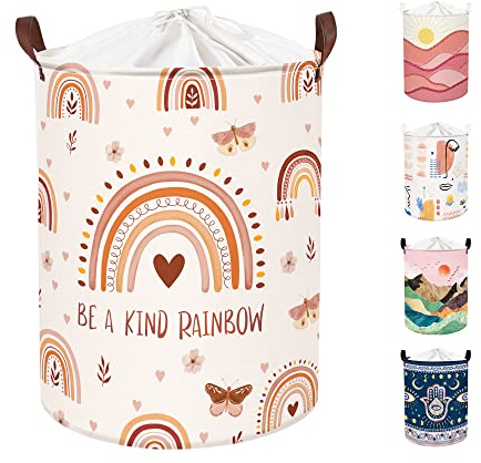 Clastyle 45L Regenbogen Rosa Wäschekorb Kinderzimmer Schmetterling Rund Kleidung Spielzeug Aufbewahrung für Kinder, 36x45 cm