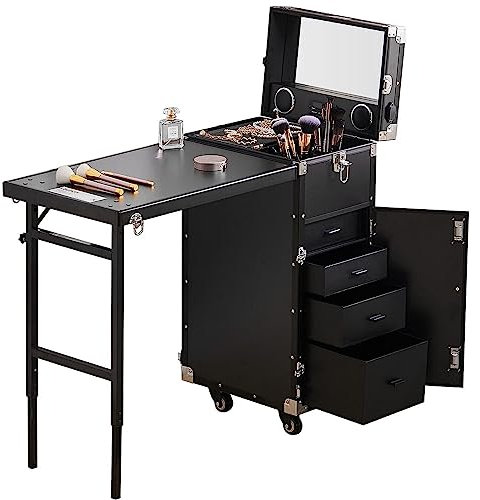 HDCCDM Klappbarer Nageltisch, Tragbarer Mobiler Maniküre-Schreibtisch, Multifunktions-Make-up-Tisch Mit Zugstange, Mit Stauraum, Arbeitstisch Und Spiegel, Für Technikersalon
