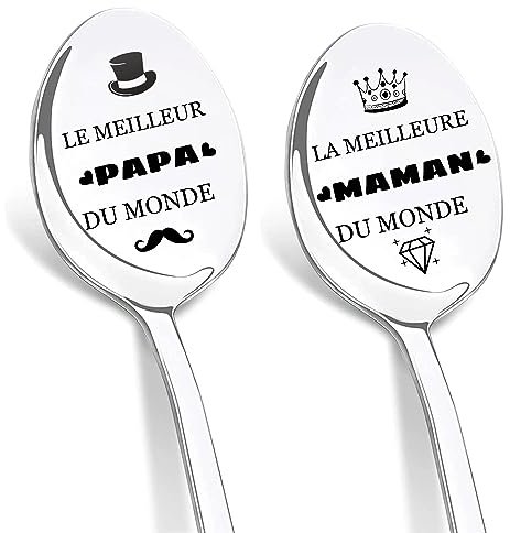 DIKARIYA Cadeau Noël pour Papa et Maman, Cuillères Gravées Meilleur Maman et Papa du Monde, Cuillère à Café en Acier Inoxydable, Cadeau Noël Parents, Idee Cadeaux de Noël pour Maman Papa Anniversaire