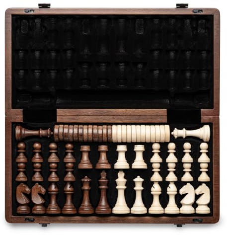 A&A 15 Wooden Folding Chess & Checkers Set w/ 3 King Height Staunton Chess Pieces/2 Extra Queens