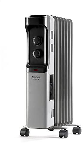 Taurus - Ölheizkörper, 1500 W, 3 Intensitäten, regelbarer Thermostat, Kippschutz, Leuchtmittel, Tragegriff, Rollen, Flächen bis 15m2, grau