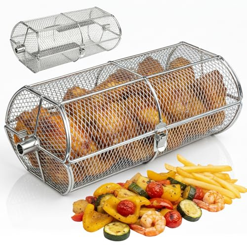 Rotisserie Basket for Outdoor Grill (15.4 x 6.8 x 6.4) - Heavy Duty Stainless Steel BBQ Basket with Reinforced Latch & Safety-Smooth Edges - Splits Apart for Easy Cleaning - Fits Most Grills