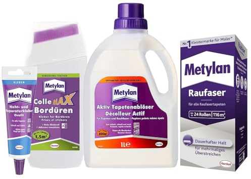 Metylan Raufaser, Tapetenkleister (1x720g) & Metylan Bordüren Klebstoff (1x250g) & Metylan Naht- und Reparaturkleber (1x60g) & Metylan Tapetenablöser Aktiv-Konzentrat (1x 1l)