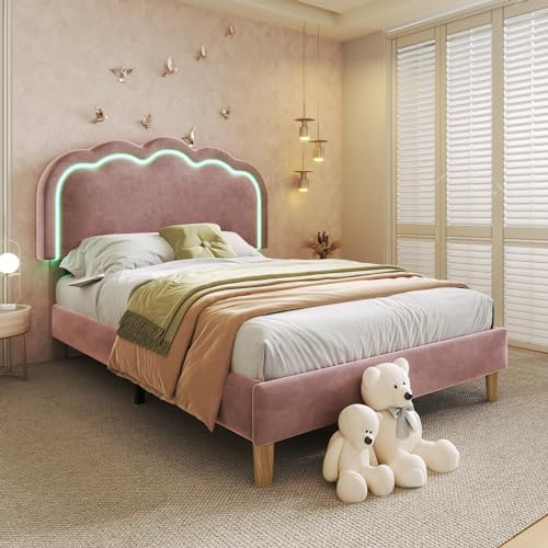 Merax Kinderbett Polsterbett 90x190cm, Einzelbett Bettgestell mit Lattenrost & Verstellbares Kopfteil, süßes Jugendbett mit LED-Kopfteil in Puff-Form, Gepolstertes Bett, Samt, ohne Matratze, Rosa