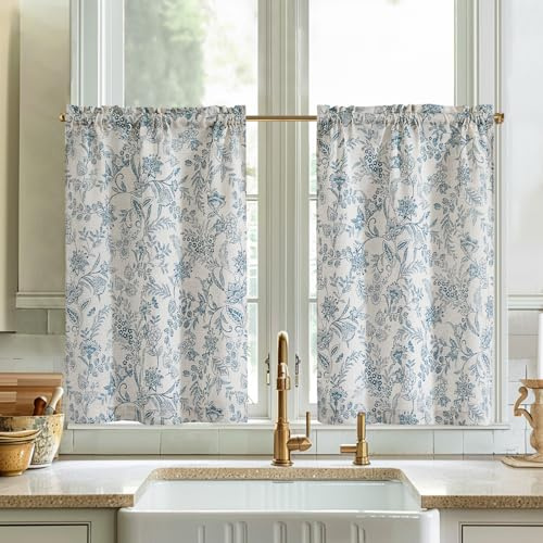Vangao Leinenoptik Scheibengardine Blumen kurz Vorhang Botanischer Druck Bistrogardine Modern Küchengardinen Gardine für Küche Wohnzimmer Landhaus Halbtransparent 2er-Set Blau auf Beige 65B x 90H(cm)