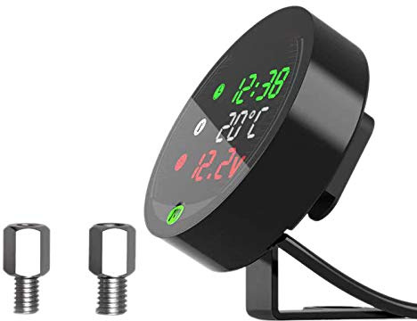Janasiba Thermomètre 5 en 1 pour moto - Rechargeable par USB - Voltmètre LED - Avec capteur de température