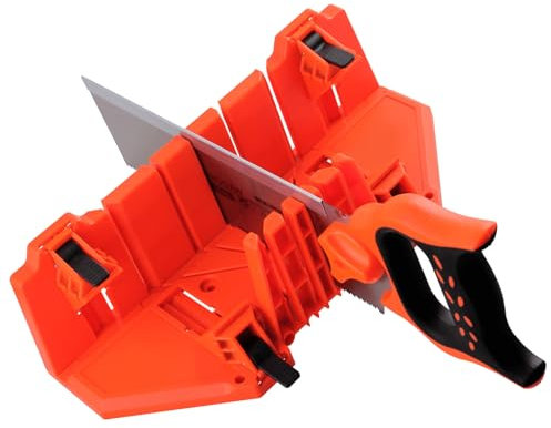 AOMIKITSTU Gehrungslade und Handsäge, Set aus Schneidlade und Stahl Säge, Gehrungslehre Schneidwerkzeug, Aufbewahrung Gehrungsbox für Schneidewinkel