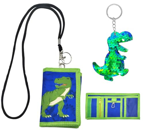 SwirlColor Porte - Monnaie pour Enfants Garçon, Lanière Zippée Porte - Monnaie pour Enfants Dinosaur Pattern Boy Wallet 9-12 Ans avec Porte - Clés Dinosaure