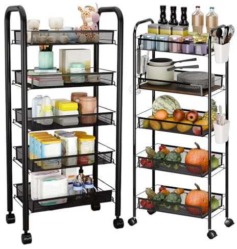 curfair Movable Kitchen Shelf Trolley on Wheels,Black Carbon Steel Fruit Vegetable Rack with 2 Hanging Boxes,Small Shelf Unit for Living Room,Bedroom,Bathroom,Laundry Room (5 Tier)