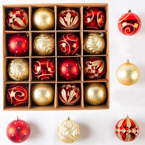 16 Pcs Christmas Ball, 8cm/3 Christmas Baubles with Hooks,Red Gold Christmas Ornaments,Glitter Shatterproof Tree Decorations Baubles Ball for Holiday and Party Decor